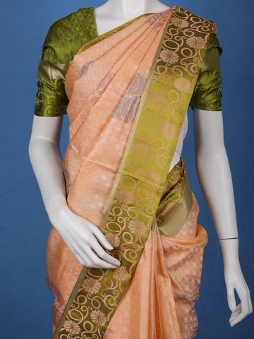 Peach Woven Design Pure Kanchipuram Silk Saree with Olive Green Floral Zari Border - Diadem