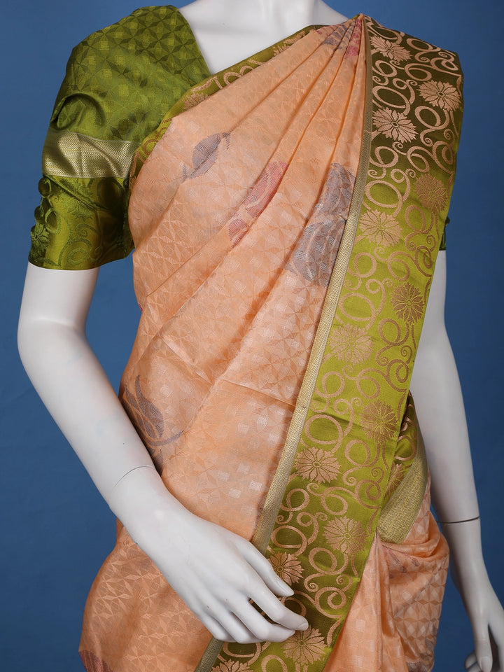 Peach Woven Design Pure Kanchipuram Silk Saree with Olive Green Floral Zari Border - Diadem