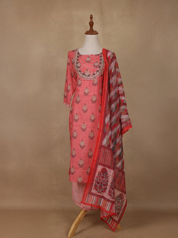Peach Floral Design Cotton Salwar Suit - Diadem