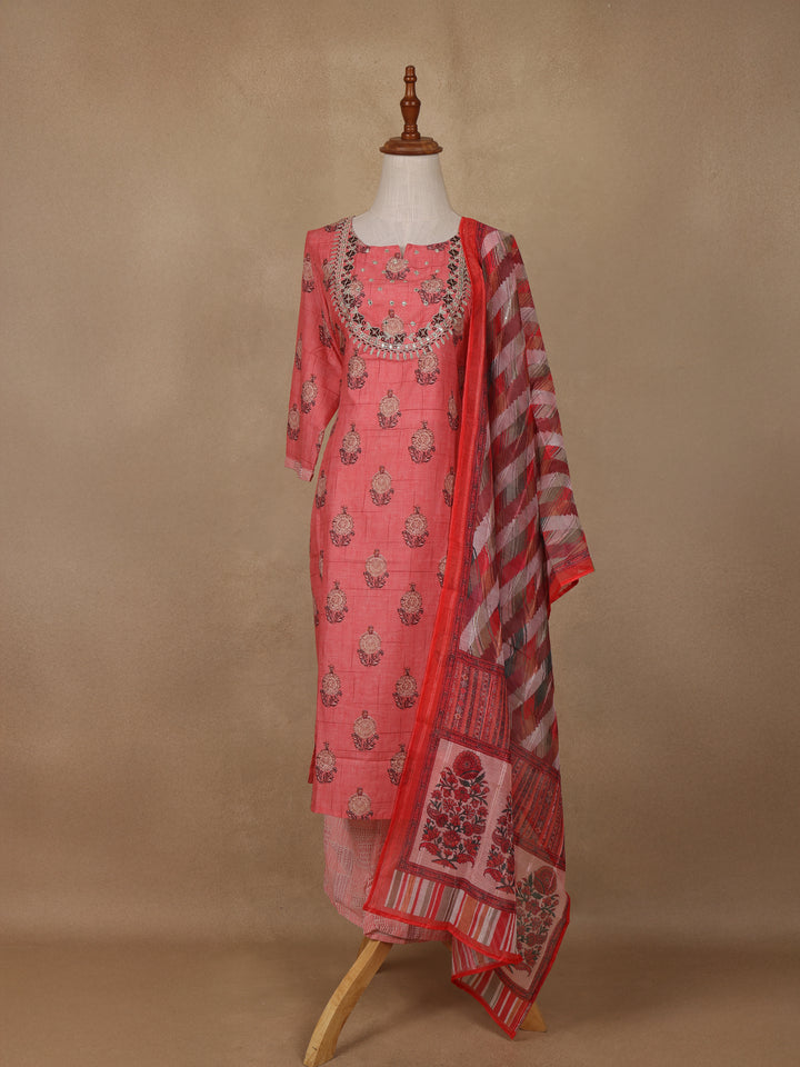 Peach Floral Design Cotton Salwar Suit - Diadem