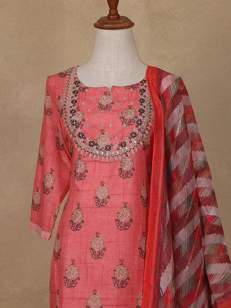 Peach Floral Design Cotton Salwar Suit - Diadem