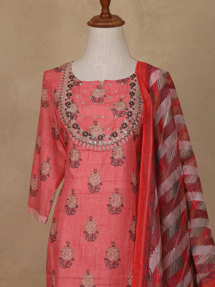 Peach Floral Design Cotton Salwar Suit - Diadem