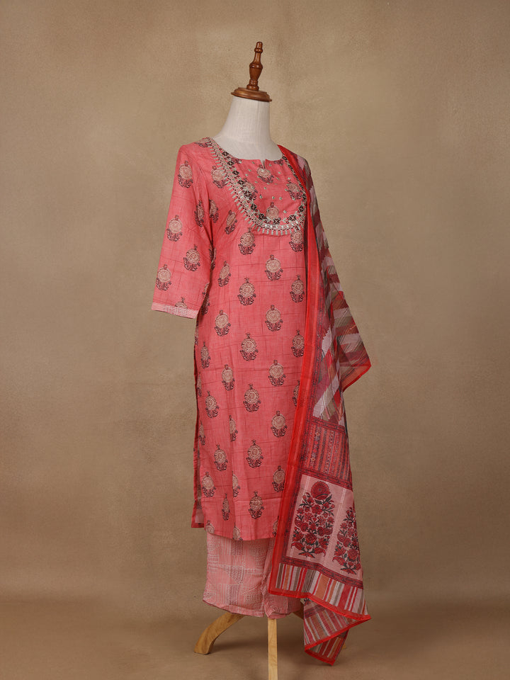 Peach Floral Design Cotton Salwar Suit - Diadem
