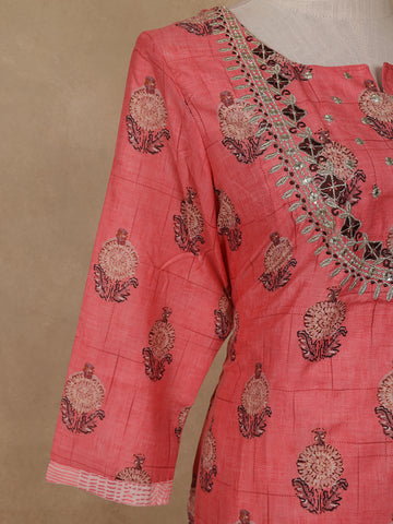 Peach Floral Design Cotton Salwar Suit - Diadem