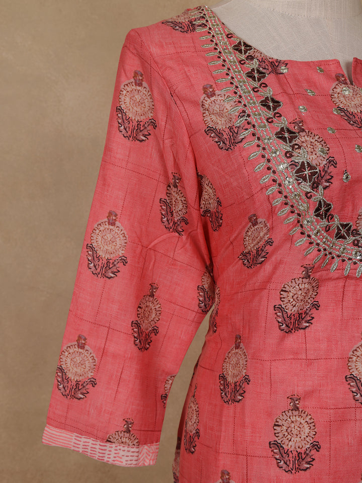 Peach Floral Design Cotton Salwar Suit - Diadem