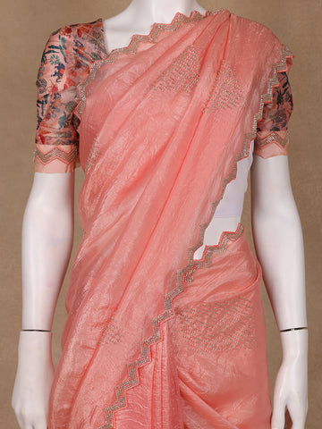Peach Floral Designed Organza Designer Saree - Diadem