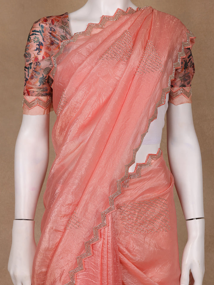 Peach Floral Designed Organza Designer Saree - Diadem