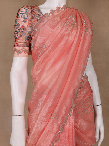 Peach Floral Designed Organza Designer Saree - Diadem