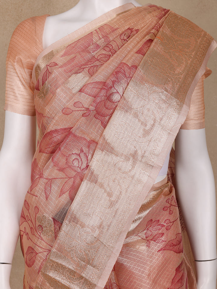 Peach Floral Designed Tissue Silk Saree - Diadem