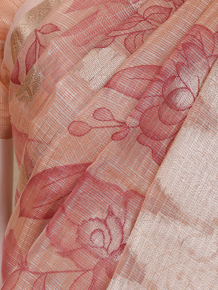 Peach Floral Designed Tissue Silk Saree - Diadem