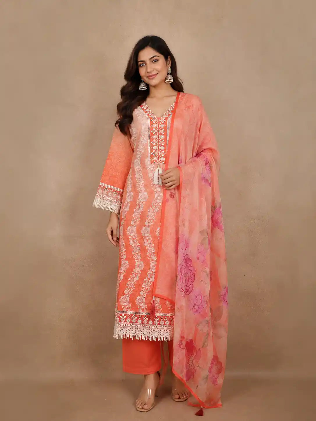 Peach Floral Embroidered Design Cotton Straight Cut Salwar Suit