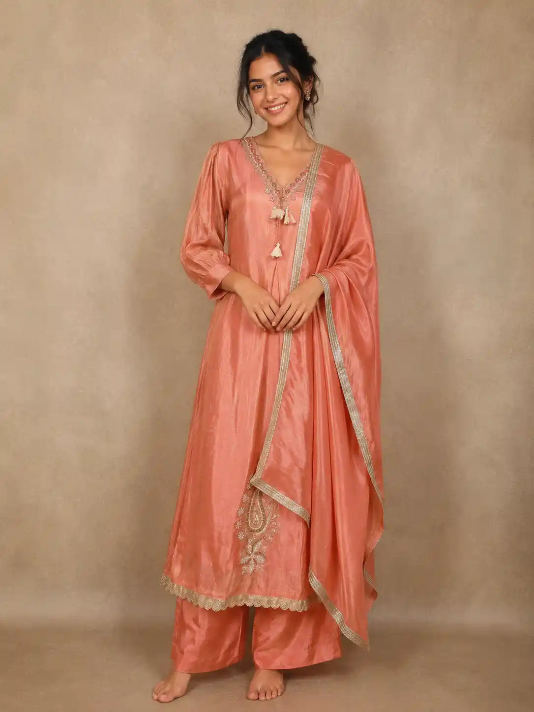 Peach Floral Embroidered Design Tissue Silk Anarkali Salwar Suit
