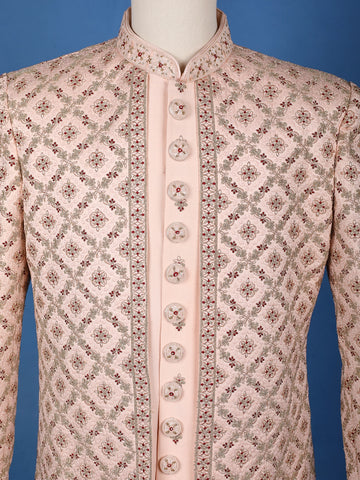 Peach Floral Embroidered Jacquard Sherwani Suit - Diadem