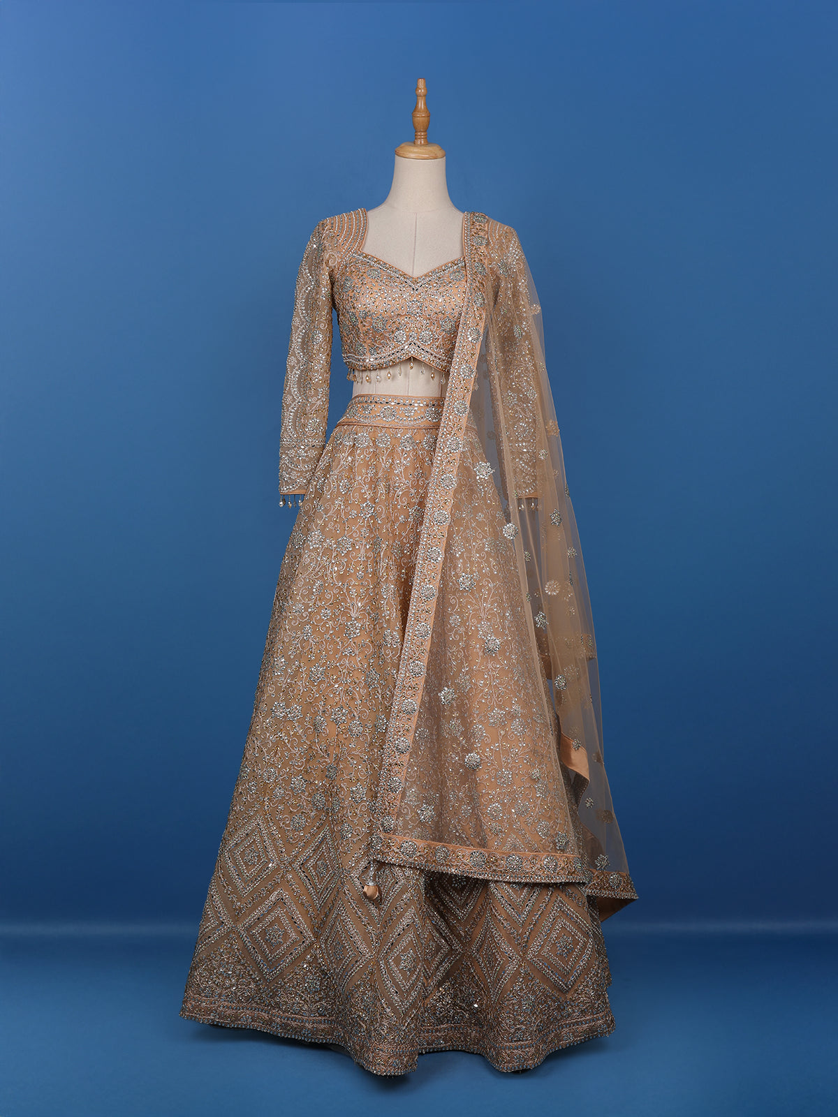 Peach Floral Embroidered Net Lehenga for Brides - Diadem