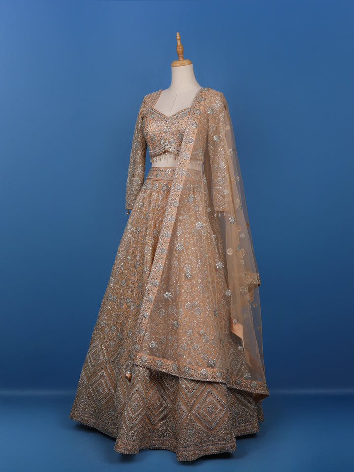 Peach Floral Embroidered Net Lehenga for Brides - Diadem