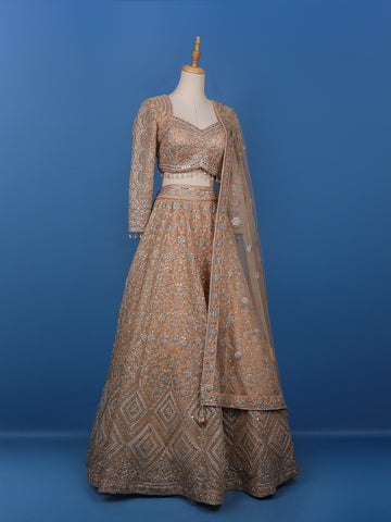 Peach Floral Embroidered Net Lehenga for Brides - Diadem