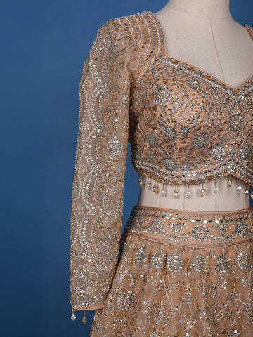 Peach Floral Embroidered Net Lehenga for Brides - Diadem