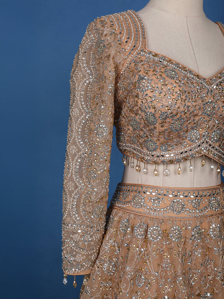 Peach Floral Embroidered Net Lehenga for Brides - Diadem