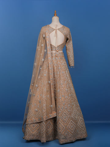 Peach Floral Embroidered Net Lehenga for Brides - Diadem
