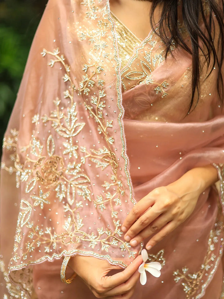Peach Floral Embroidered Organza Designer Saree - Diadem