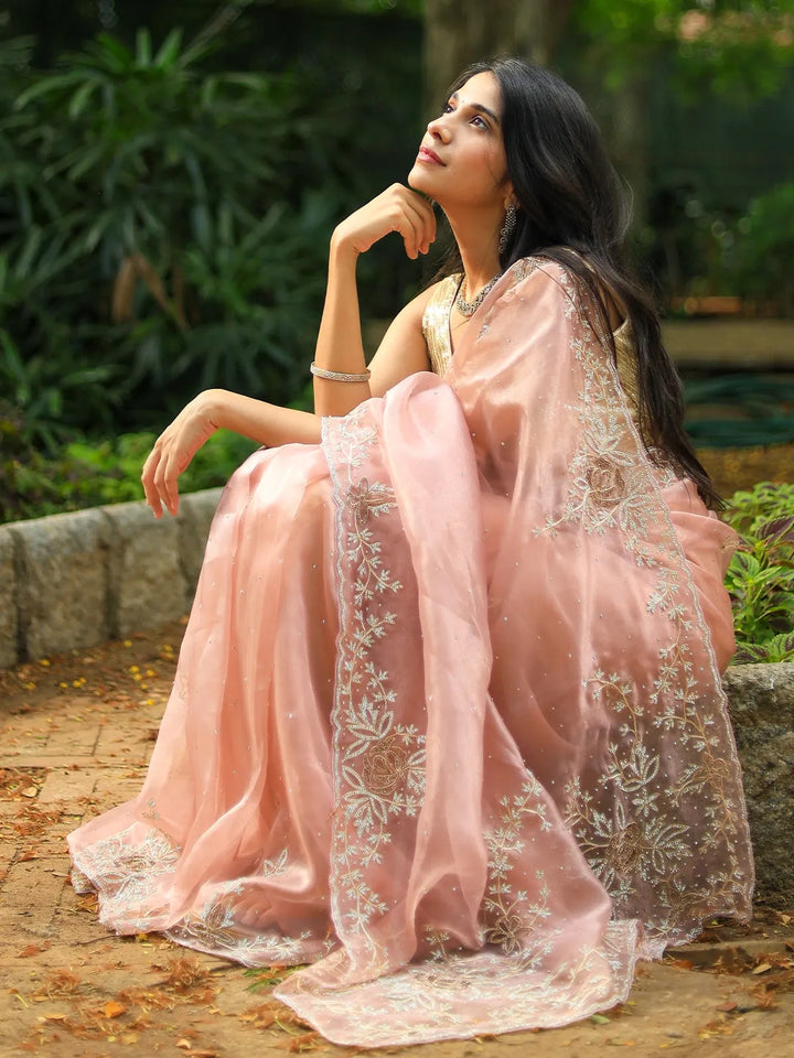 Peach Floral Embroidered Organza Designer Saree - Diadem