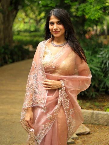 Peach Floral Embroidered Organza Designer Saree - Diadem