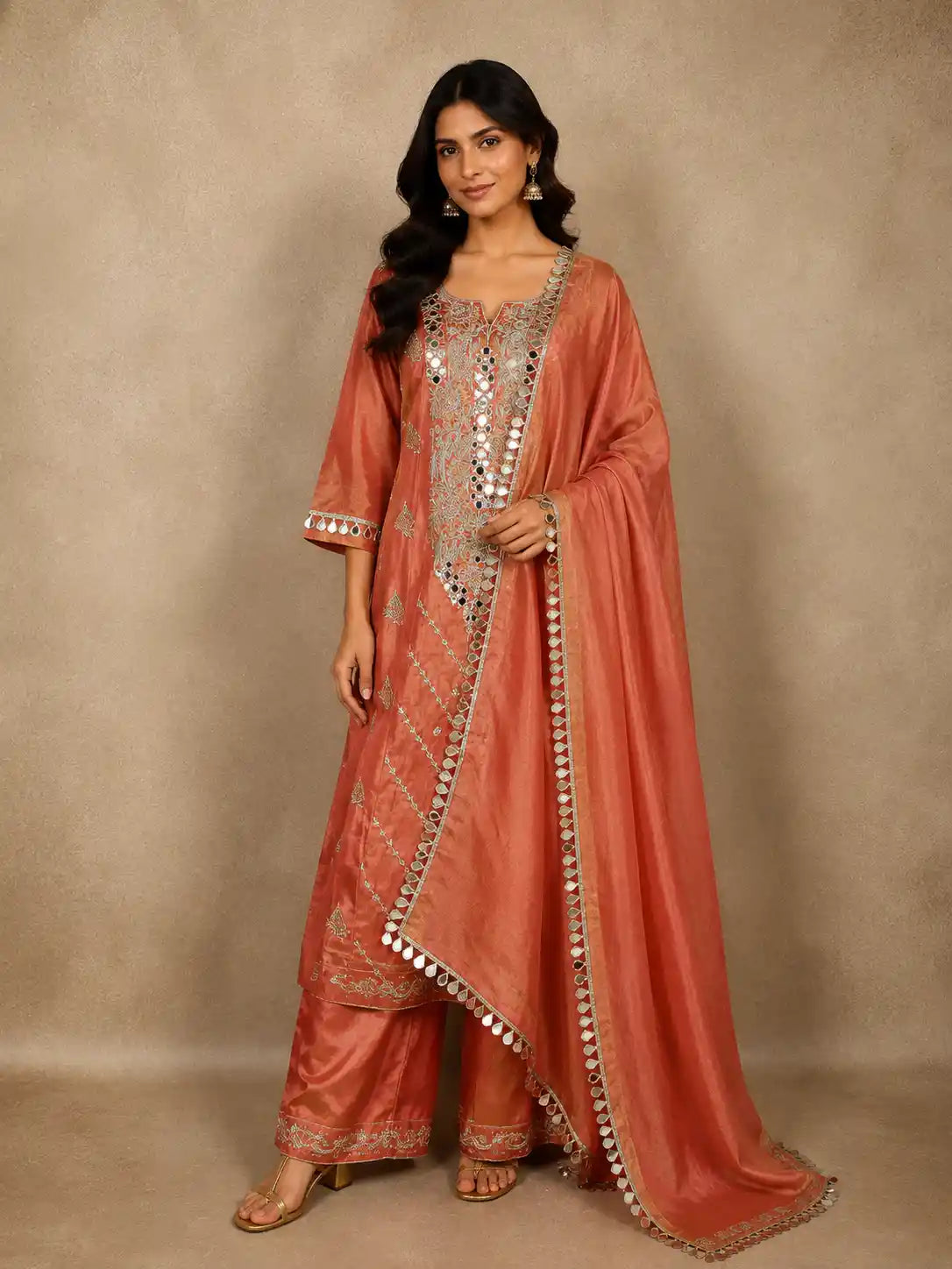 Peach Floral Embroidered Tissue Silk Palazzo Suit with Dupatta