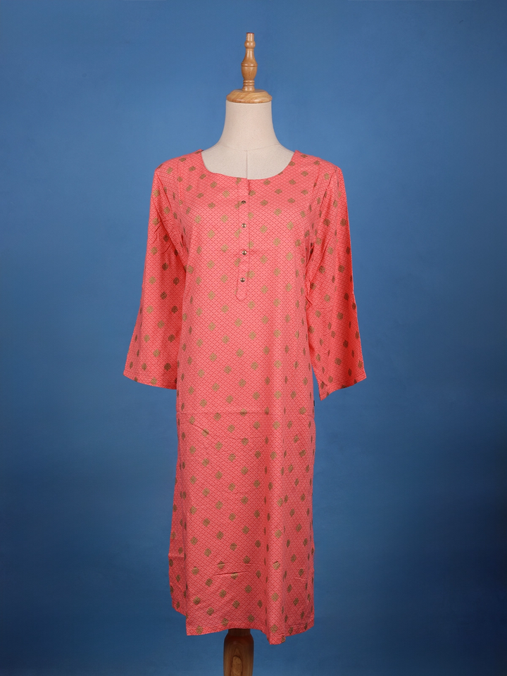 Peach Floral Geometric Design Printed Cotton Kurti - Diadem