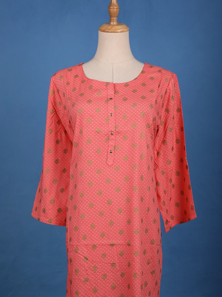 Peach Floral Geometric Design Printed Cotton Kurti - Diadem