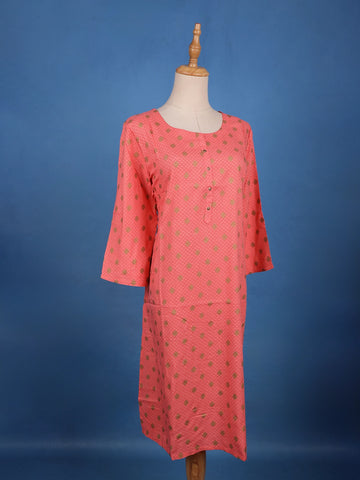 Peach Floral Geometric Design Printed Cotton Kurti - Diadem