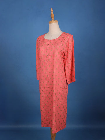 Peach Floral Geometric Design Printed Cotton Kurti - Diadem