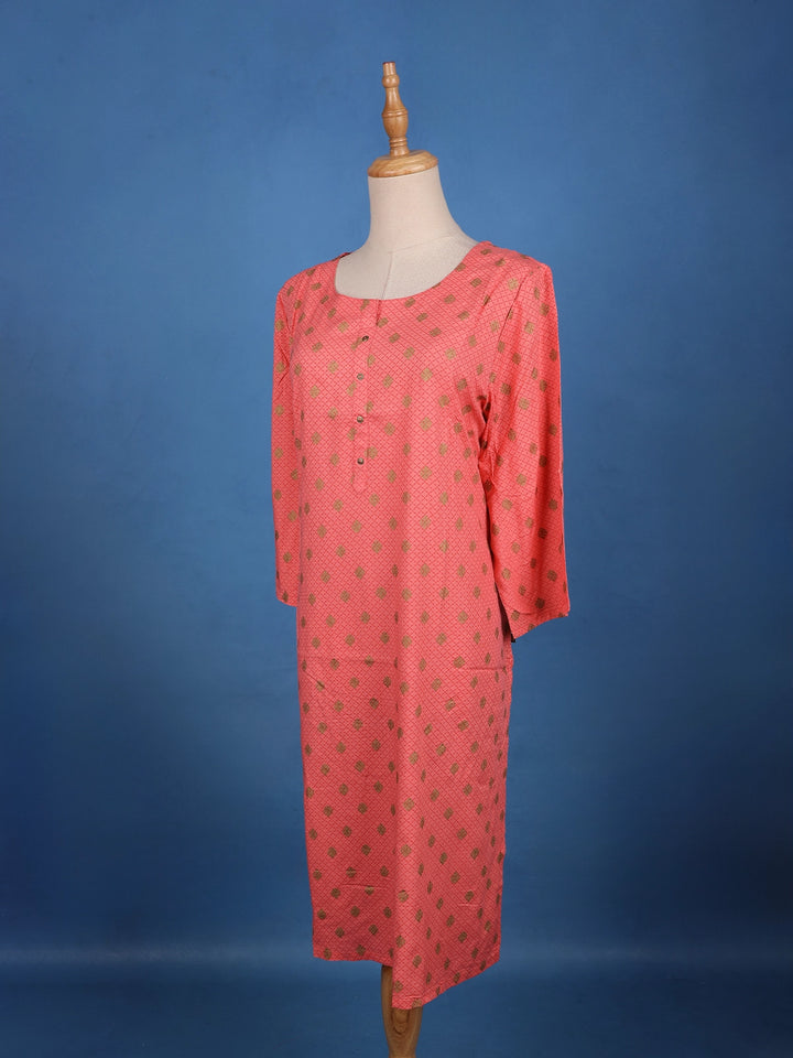 Peach Floral Geometric Design Printed Cotton Kurti - Diadem