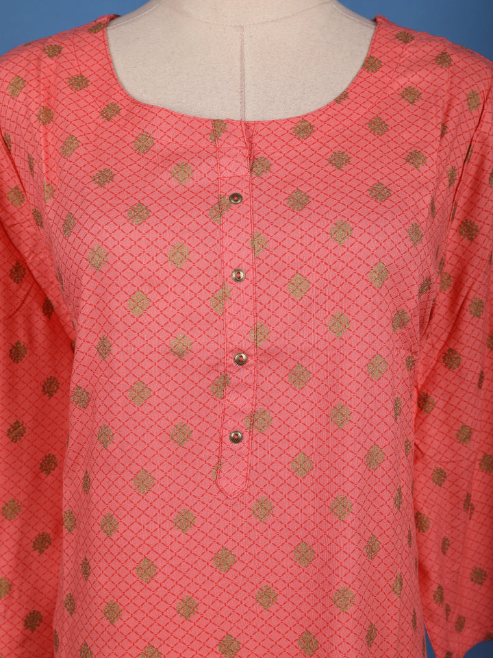 Peach Floral Geometric Design Printed Cotton Kurti - Diadem