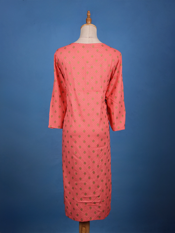 Peach Floral Geometric Design Printed Cotton Kurti - Diadem