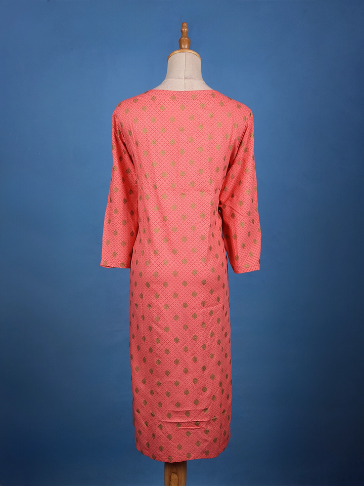 Peach Floral Geometric Design Printed Cotton Kurti - Diadem