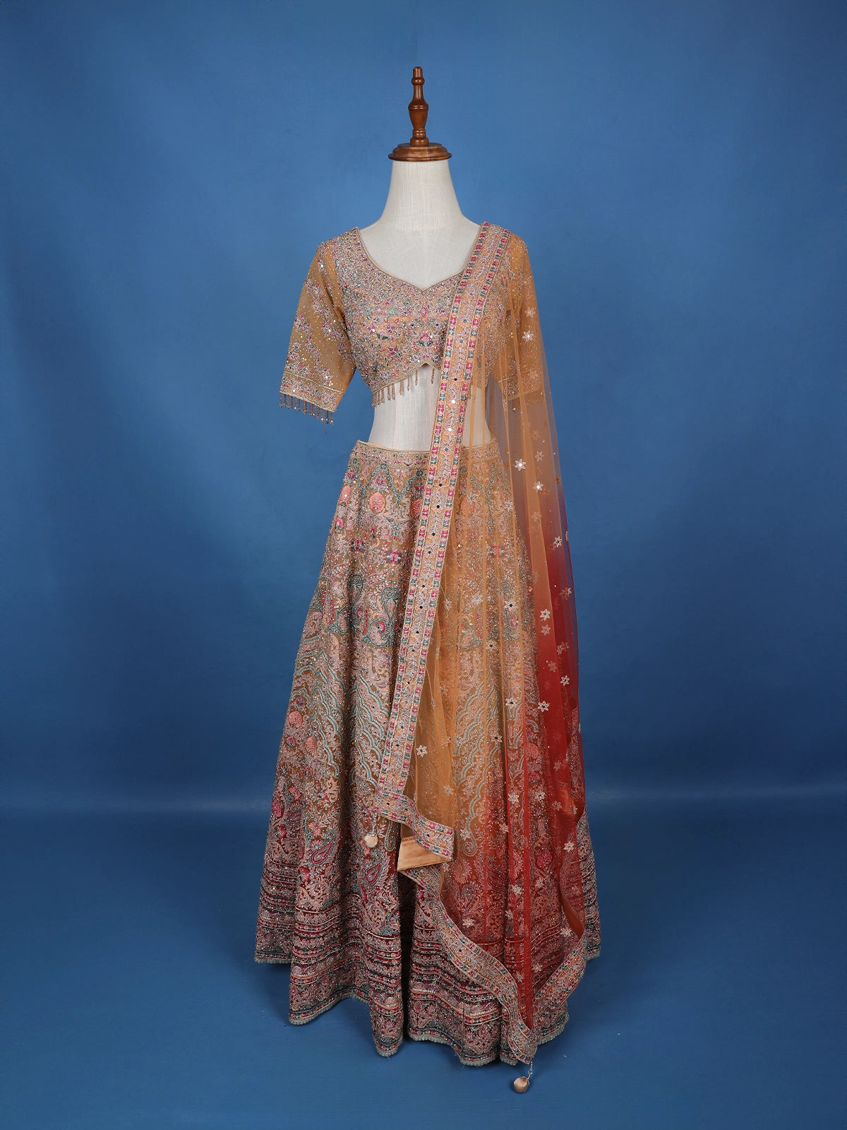 Peach Floral Motif Embroidery Bridal Net Lehenga Set - Diadem