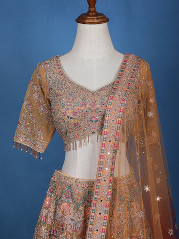 Peach Floral Motif Embroidery Bridal Net Lehenga Set - Diadem