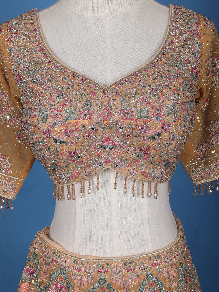 Peach Floral Motif Embroidery Bridal Net Lehenga Set - Diadem
