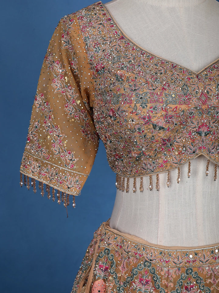 Peach Floral Motif Embroidery Bridal Net Lehenga Set - Diadem