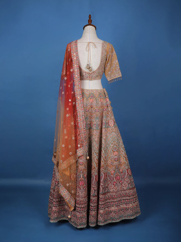 Peach Floral Motif Embroidery Bridal Net Lehenga Set - Diadem