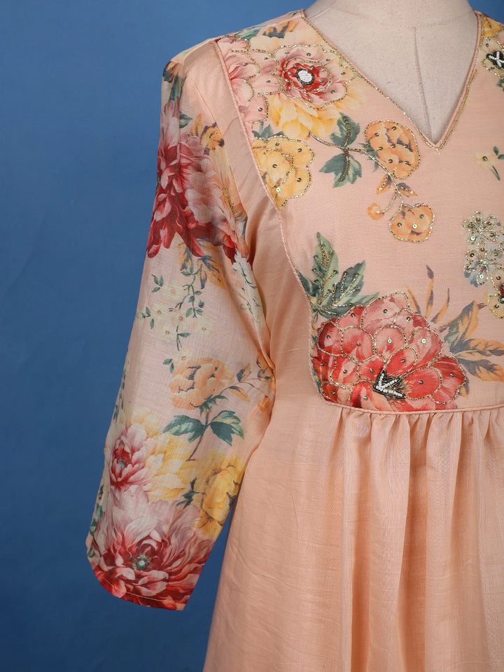 Peach Floral Printed Cotton Anarkali Salwar Suit Set - Diadem
