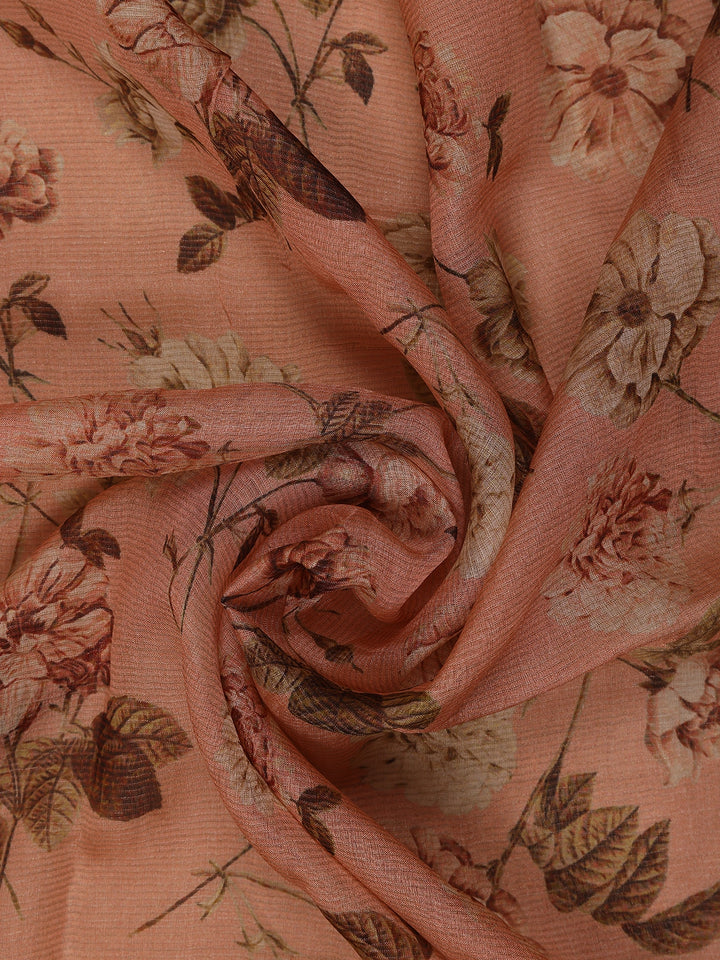 Peach Floral Printed Pura Tussar Silk Saree - Diadem