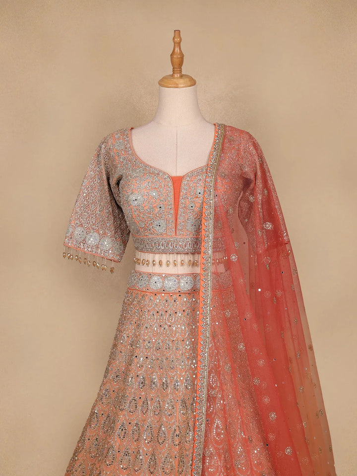 Peach Georgette Floral Designed Bridal Lehenga - Diadem