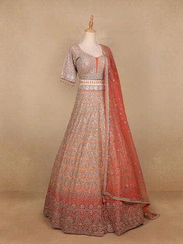 Peach Georgette Floral Designed Bridal Lehenga - Diadem