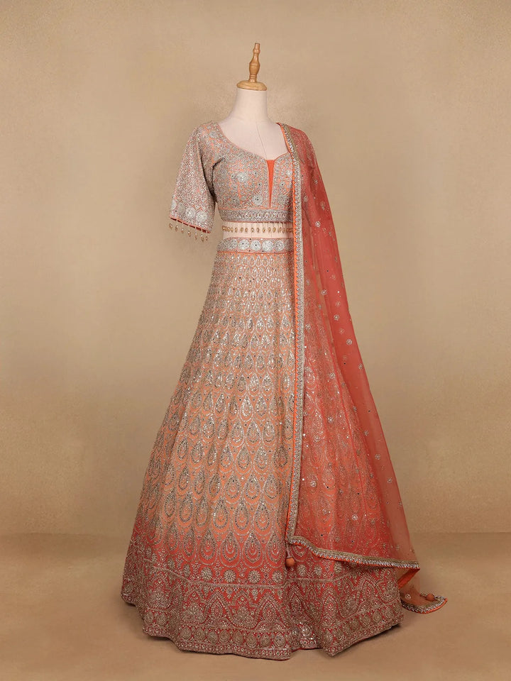 Peach Georgette Floral Designed Bridal Lehenga - Diadem