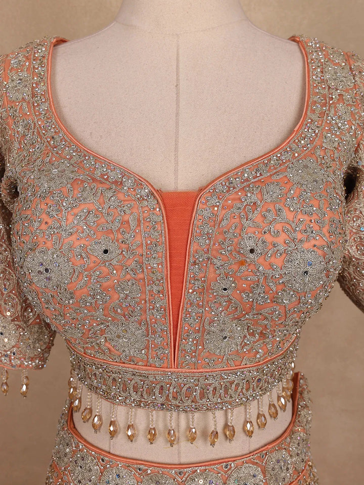 Peach Georgette Floral Designed Bridal Lehenga - Diadem
