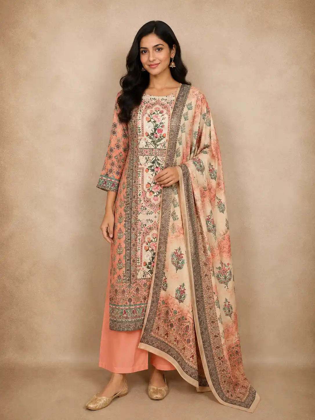 Peach Kashmiri Floral Printed Design Crepe Straight Cut Salwar Suit with Dupatta