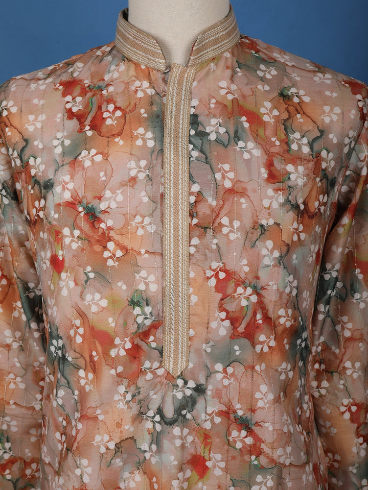 Peach Multicolor Floral Printed Straight Kurta - Diadem
