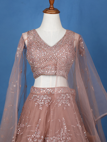 Peach Net Sequins And Floral Embroidery Bridesmaid Lehenga - Diadem