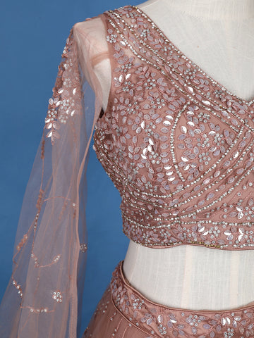 Peach Net Sequins And Floral Embroidery Bridesmaid Lehenga - Diadem